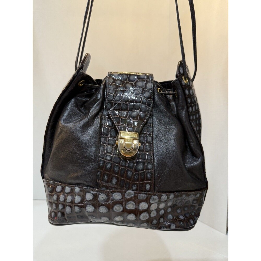 Paris Handbags Genuine Leather New York Dark Brown/Black Bucket Shoulder Bag Vtg
